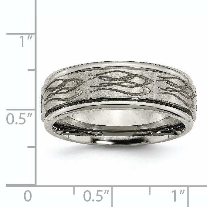 Titanium Brushed and Polished Flame Laser Design 8mm Ridged Edge Band