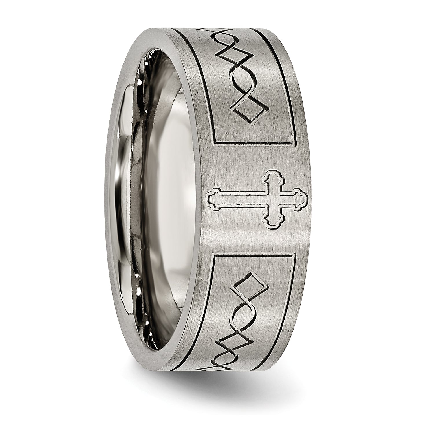 Titanium Brushed Cross Design 8mm Flat Band