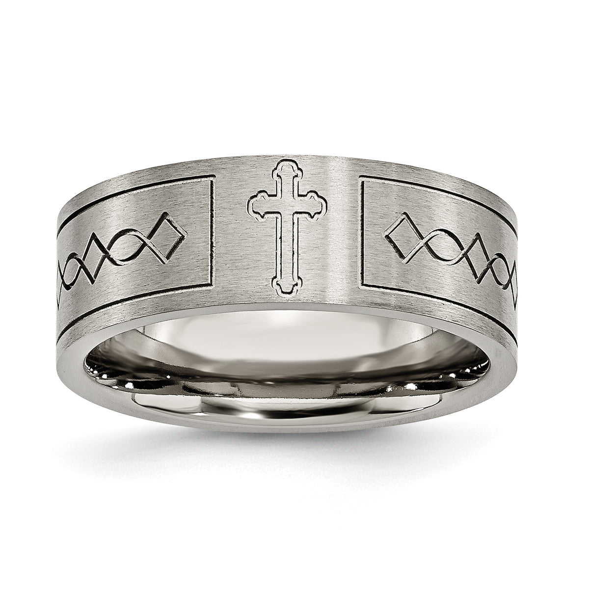 Titanium Brushed Cross Design 8mm Flat Band