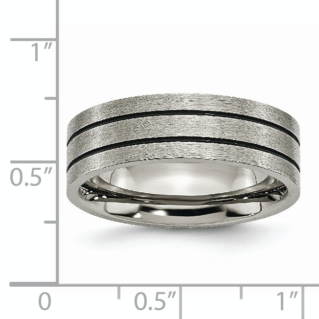 Titanium Black Enamel Grooved 7mm Flat Wedding Band Unisex Engravable