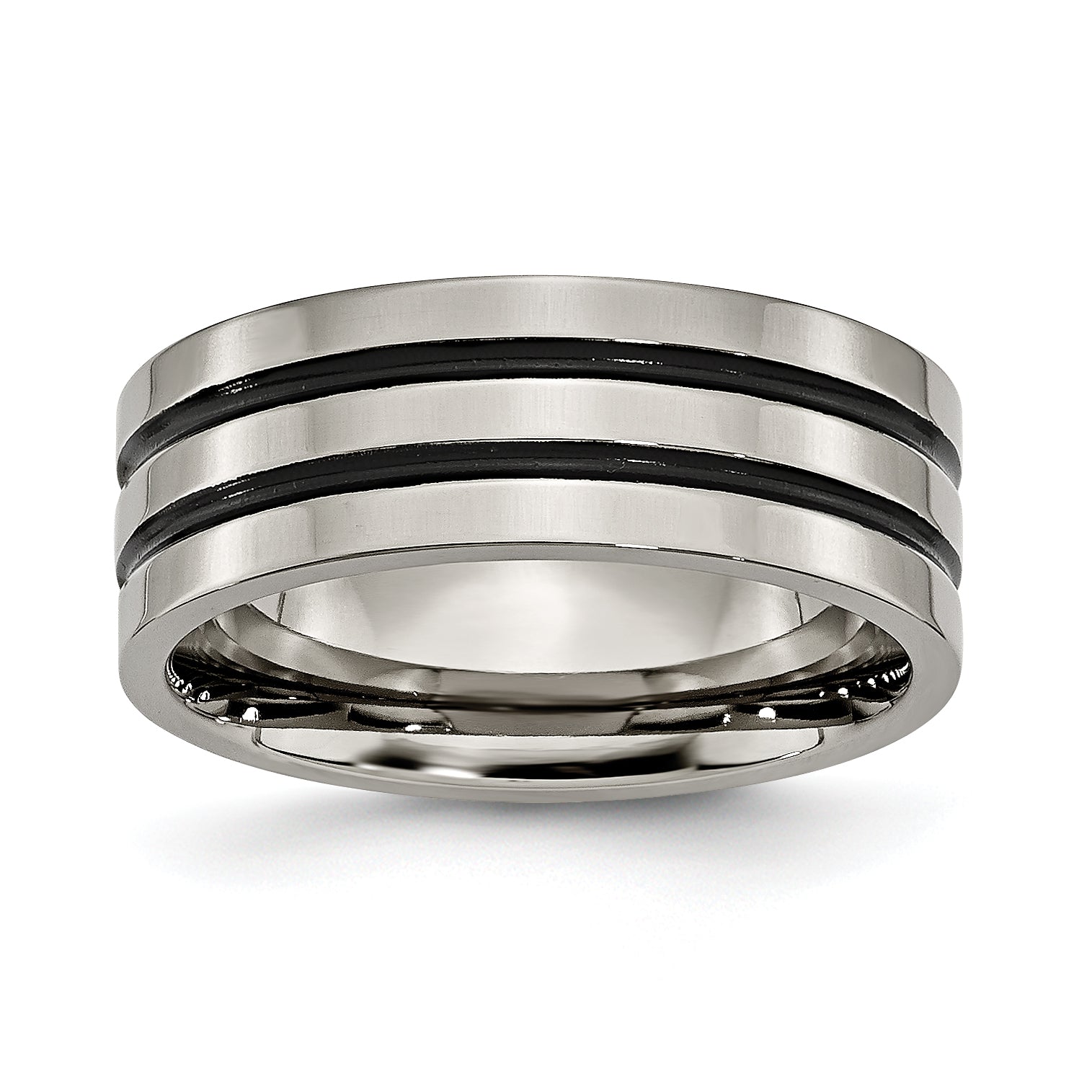 Titanium Polished Black Enamel Grooved 8mm Flat Band