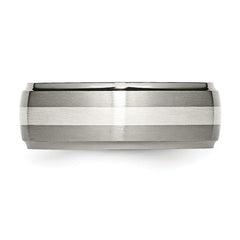 Titanium Brushed and Polished with Sterling Silver Inlay 8mm Ridged Edge Band