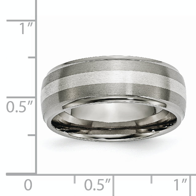 Titanium Brushed and Polished with Sterling Silver Inlay 8mm Ridged Edge Band