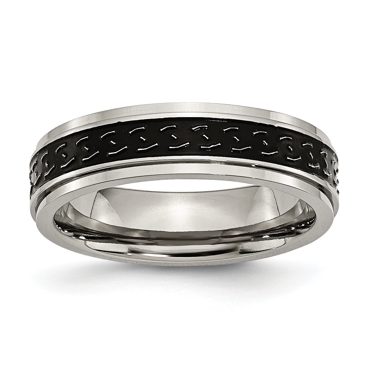 Titanium Polished Black Enamel Braid Design 6mm Ridged Edge Band