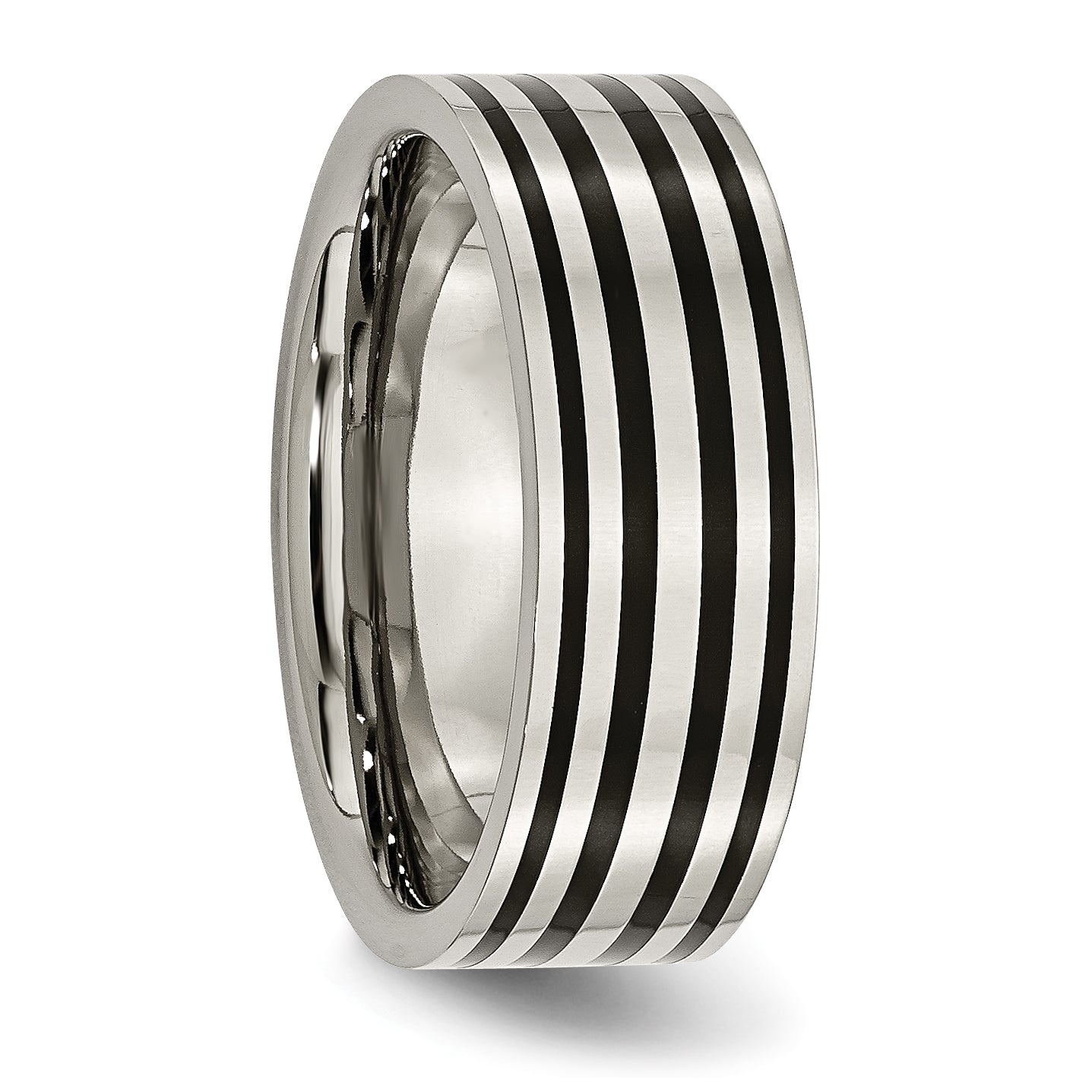 Titanium Unisex Wedding Band with Black Enamel Stripes and Polished Finish