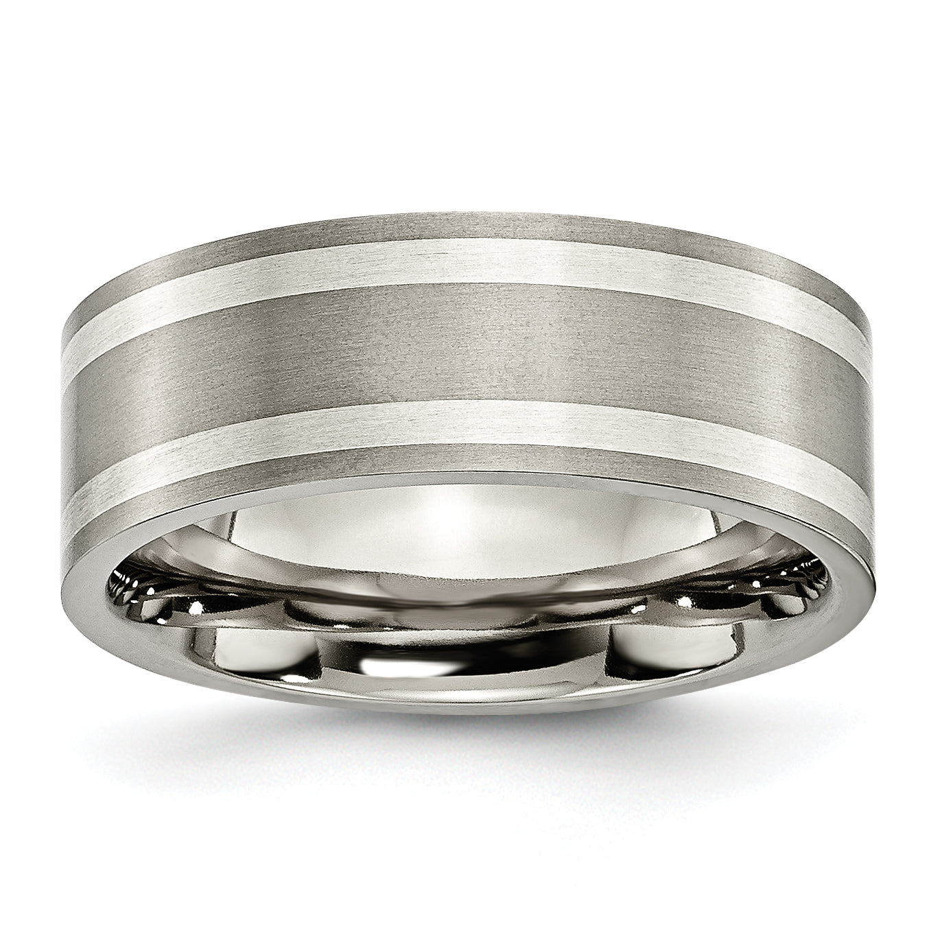 Titanium Brushed and Polished with Double Sterling Silver Inlay 8mm Flat Band