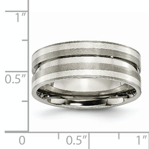 Titanium Brushed WithSterling Silver Inlay 8mm Grooved Band