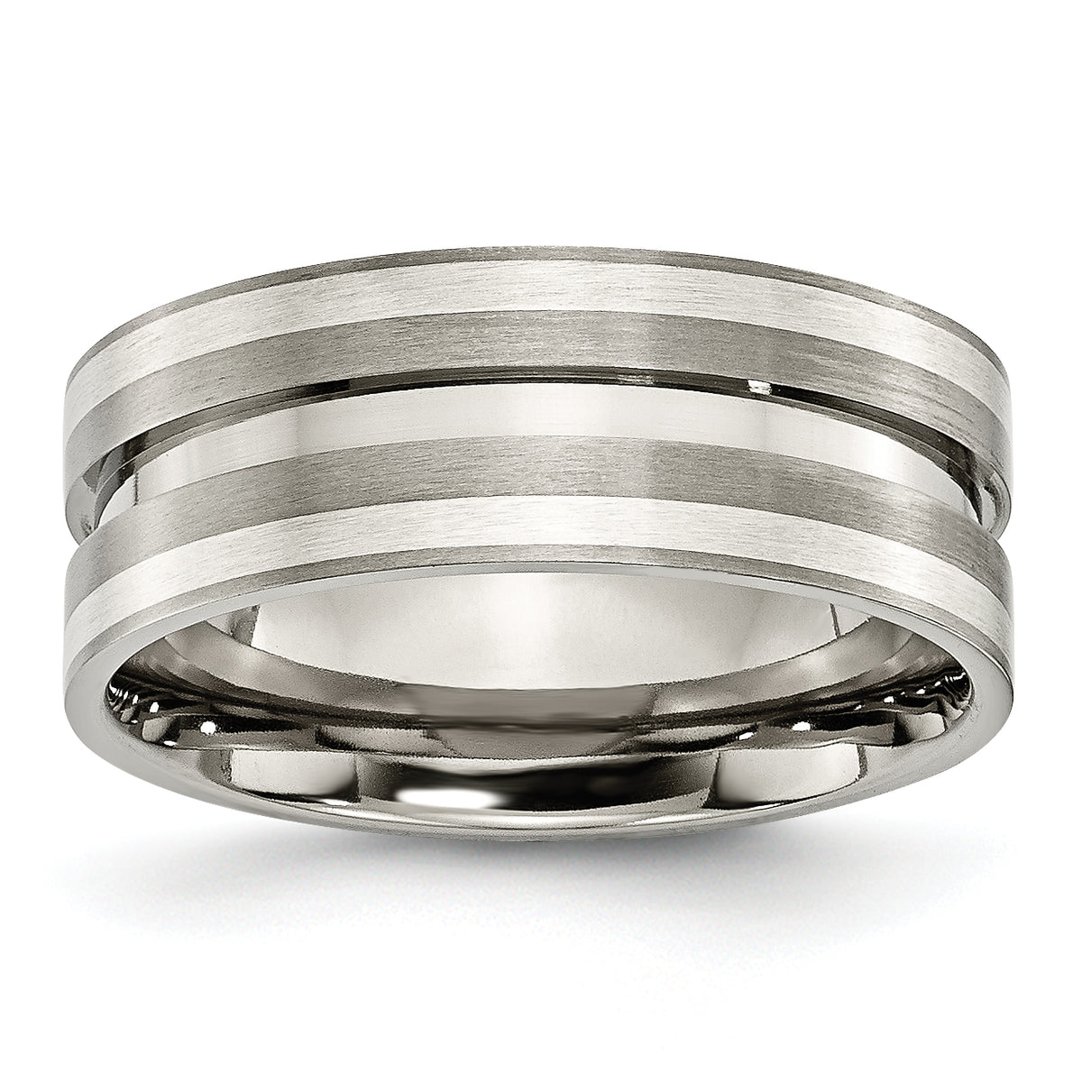 Titanium Brushed WithSterling Silver Inlay 8mm Grooved Band