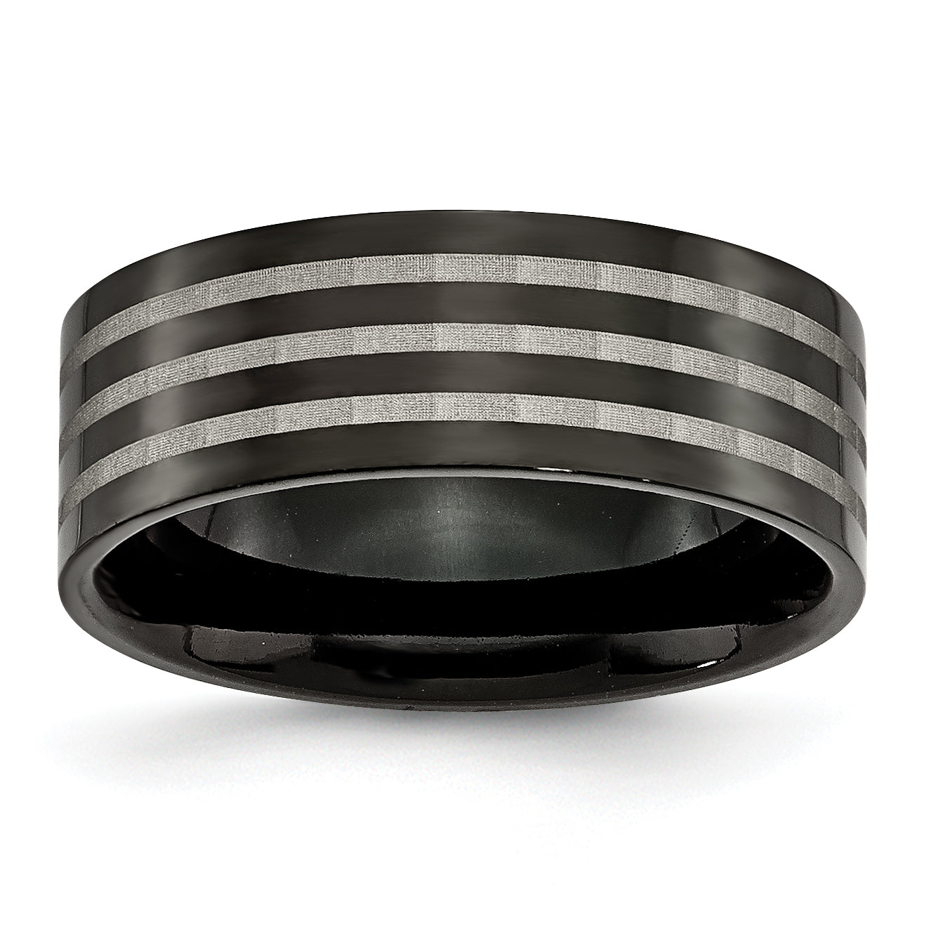 Titanium Polished 8mm Black IP-plated WithSatin Stripes Band