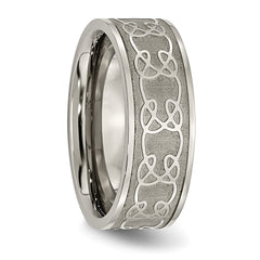 Titanium 8mm Scroll Design Unisex Wedding Band with Engravable Brushed Finish