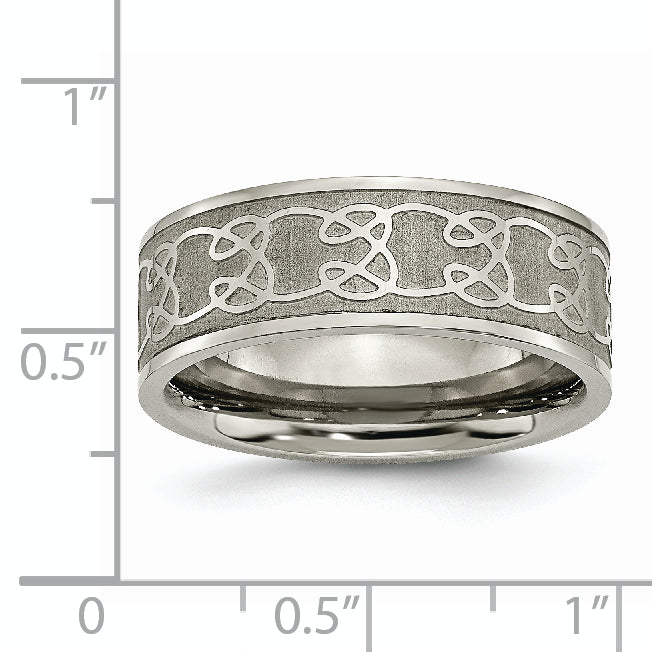 Titanium 8mm Scroll Design Unisex Wedding Band with Engravable Brushed Finish