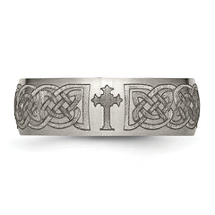 Titanium Celtic Cross Wedding Band with Engravable Brushed Finish