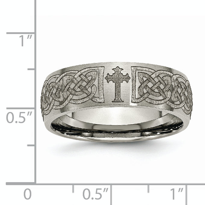 Titanium Brushed Celtic Cross Laser Design 8mm Band