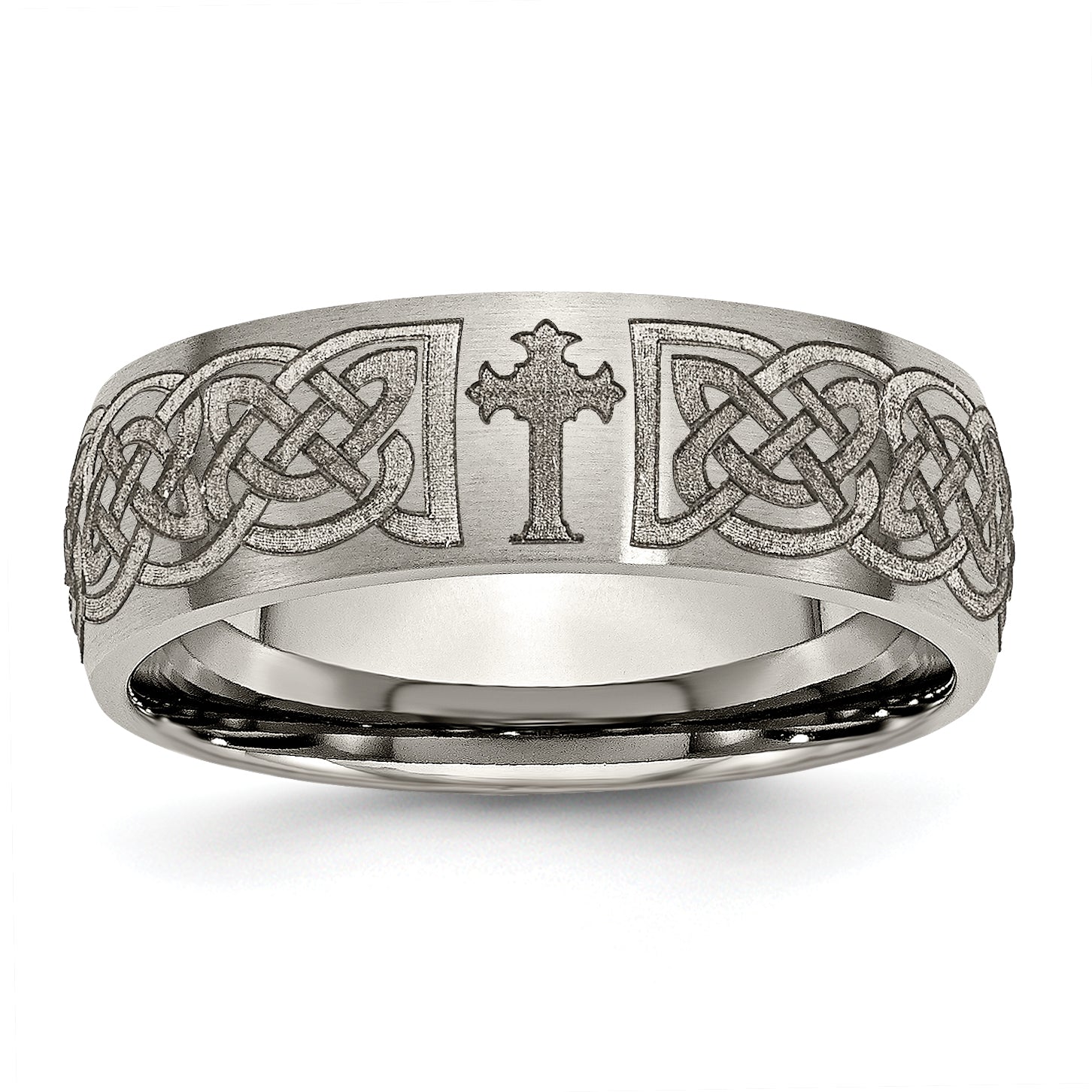 Titanium Brushed Celtic Cross Laser Design 8mm Band