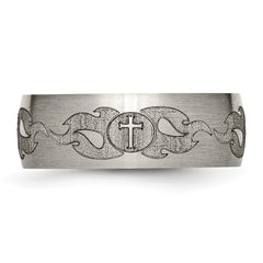 Titanium Brushed Cross with Flames Laser Design 8mm Band