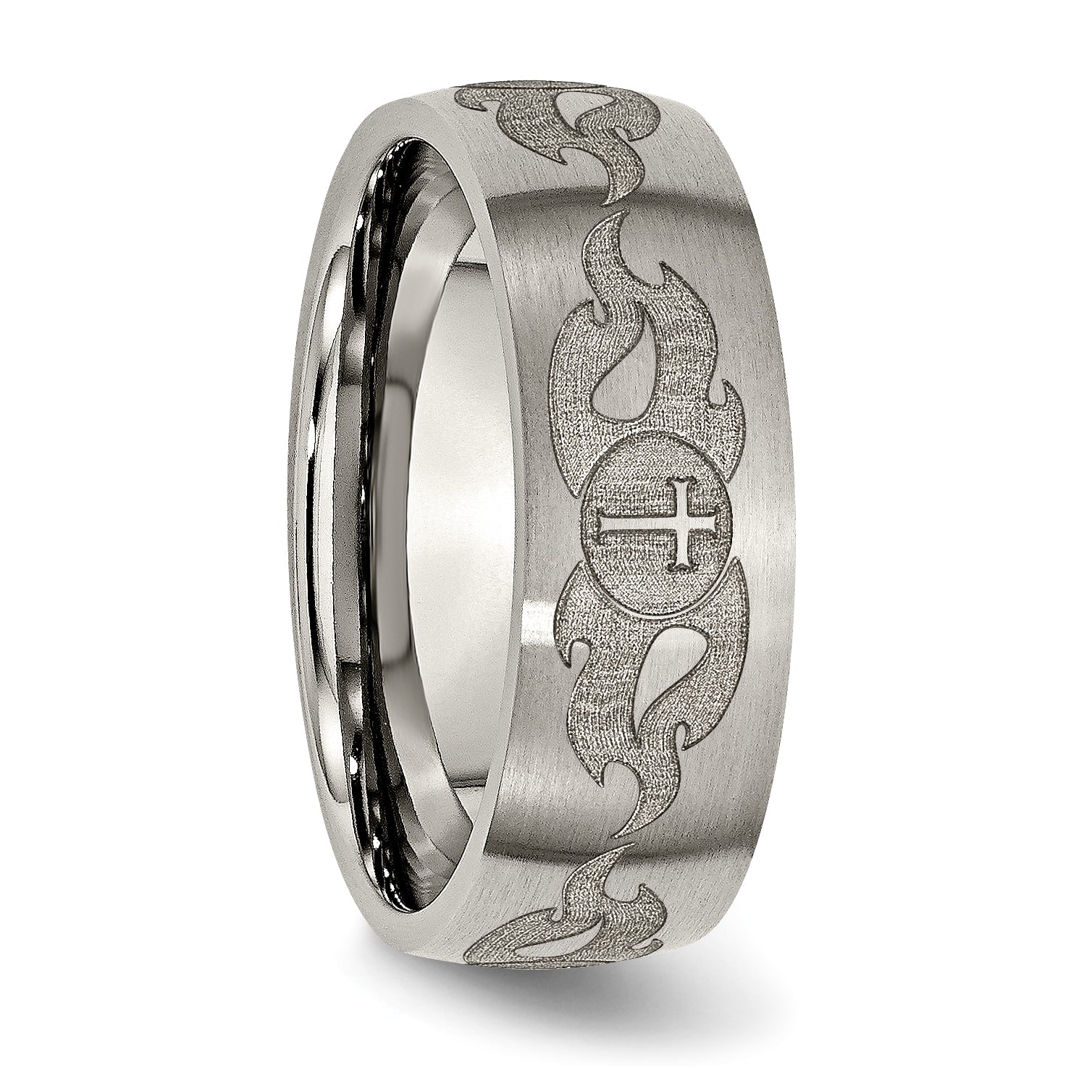 Titanium Brushed Cross with Flames Laser Design 8mm Band