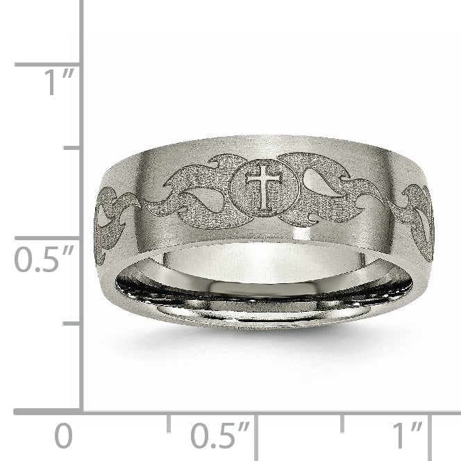 Titanium Brushed Cross with Flames Laser Design 8mm Band