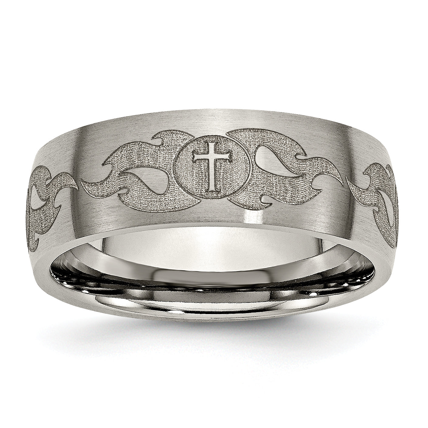 Titanium Brushed Cross with Flames Laser Design 8mm Band