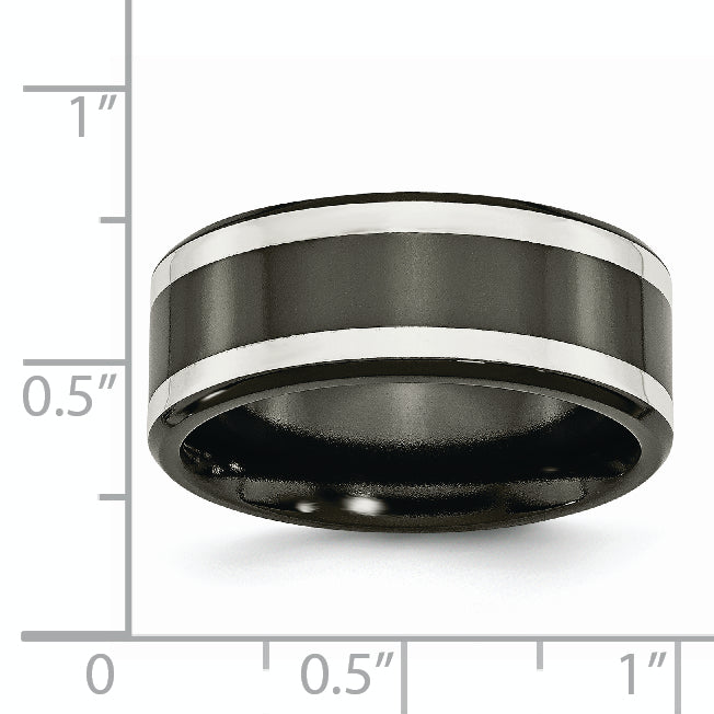 Titanium Black Ti with Sterling Silver Inlay Polished 9mm Flat Band