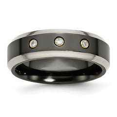 Titanium Black Ti With14K Inlay 1/10ct Diamond Beveled Edge 7mm Band