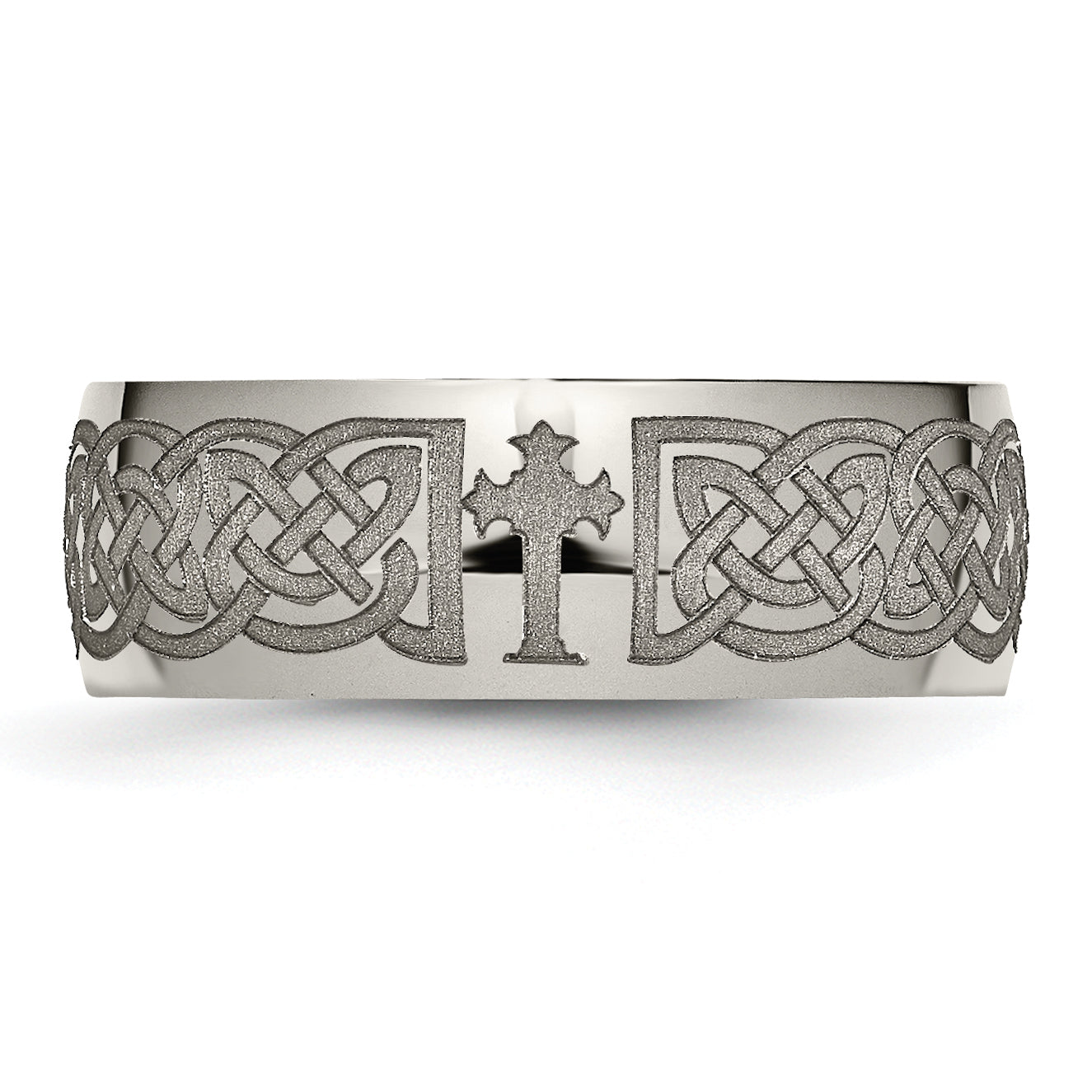 Titanium Polished Celtic Cross Laser Design 8mm Band