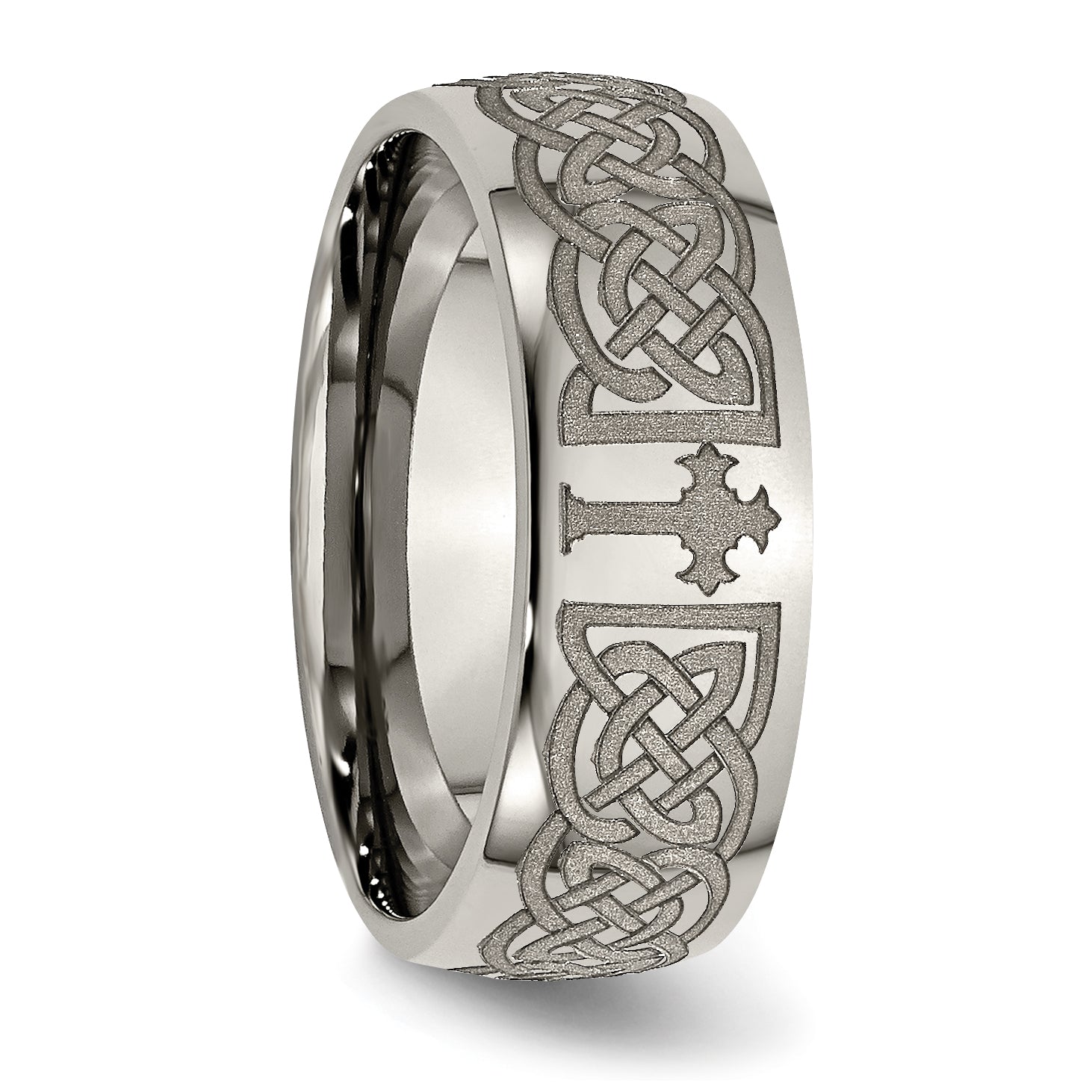 Titanium Polished Celtic Cross Laser Design 8mm Band