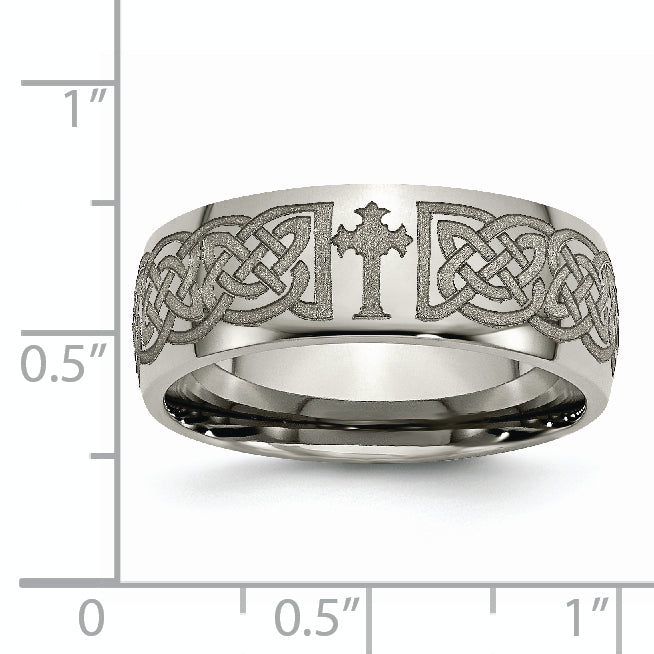 Titanium Polished Celtic Cross Laser Design 8mm Band