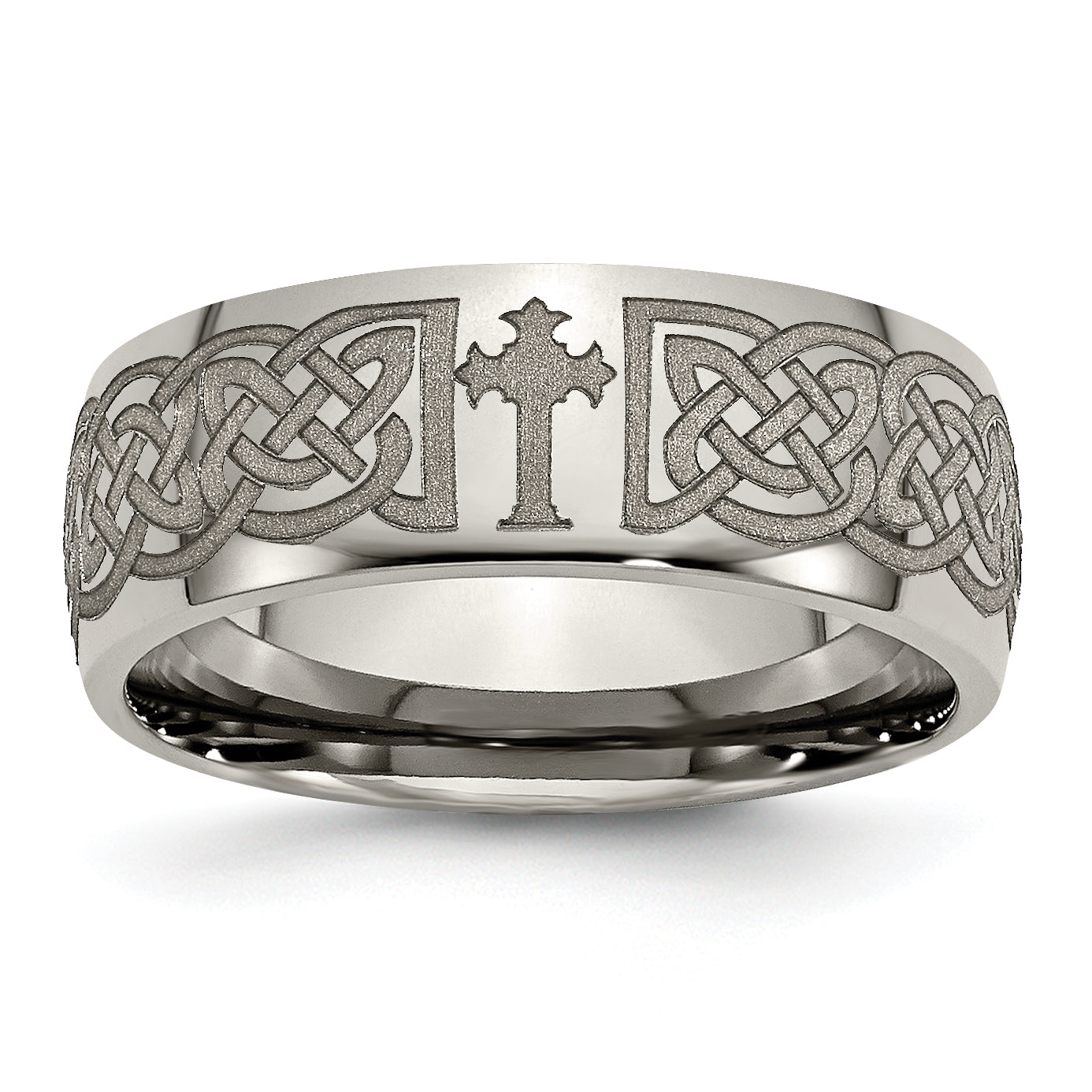 Titanium Polished Celtic Cross Laser Design 8mm Band