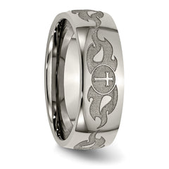 Titanium Polished Cross with Flames Laser Design 8mm Band