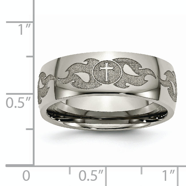 Titanium Cross Wedding Band with Flame Laser Design, Polished Unisex 8mm