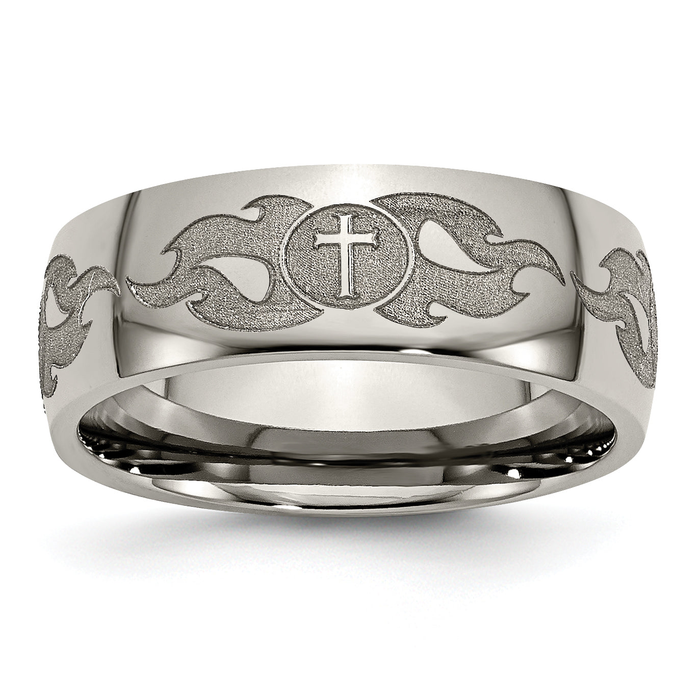 Titanium Polished Cross with Flames Laser Design 8mm Band