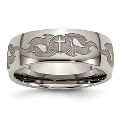 Titanium Polished Cross with Flames Laser Design 8mm Band