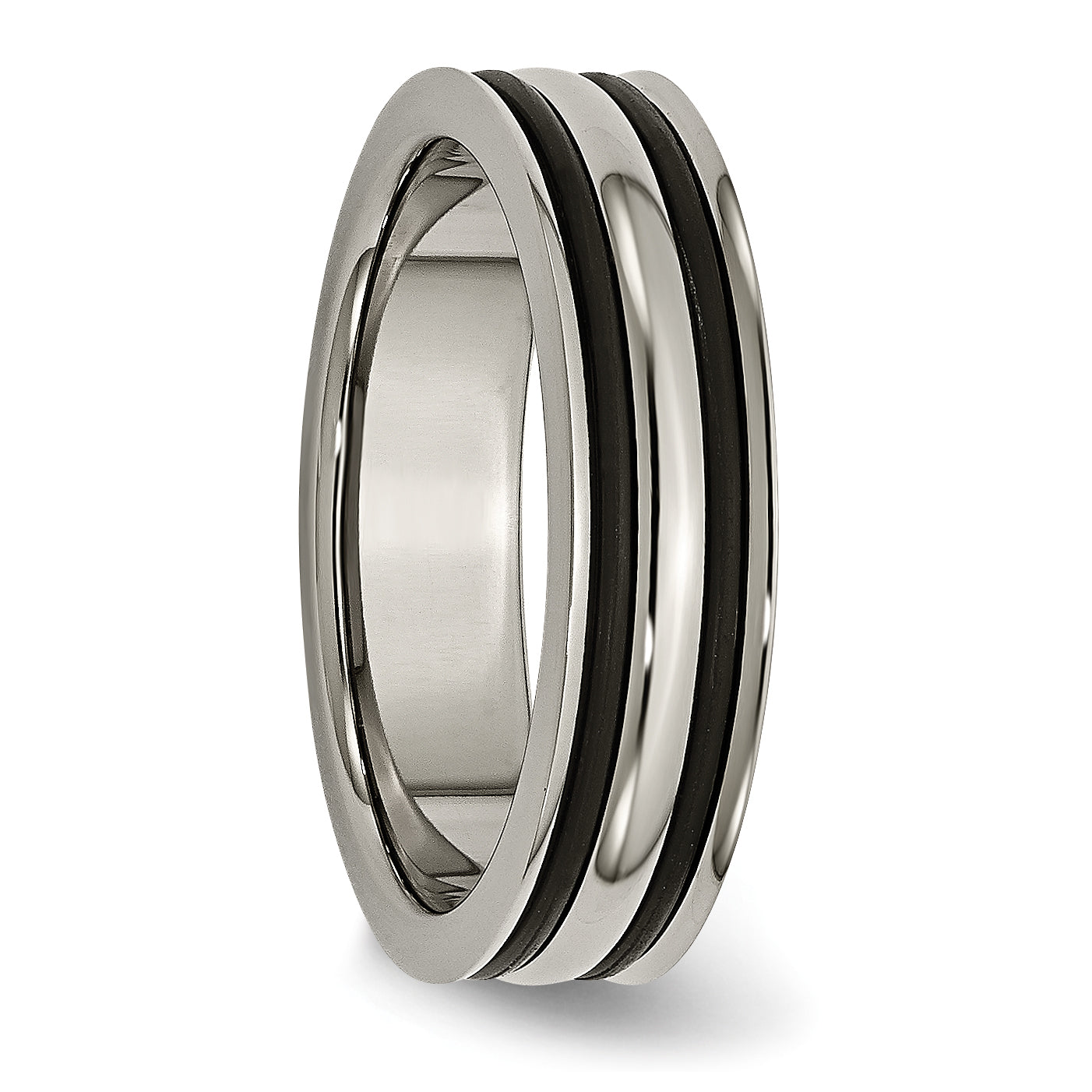 Titanium Polished 6mm Grooved Unisex Wedding Band with Black Rubber