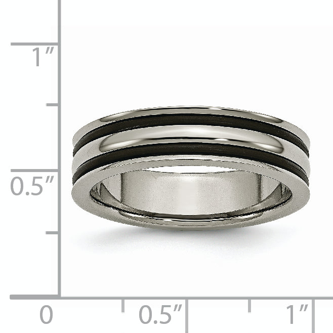 Titanium Polished 6mm Grooved Unisex Wedding Band with Black Rubber