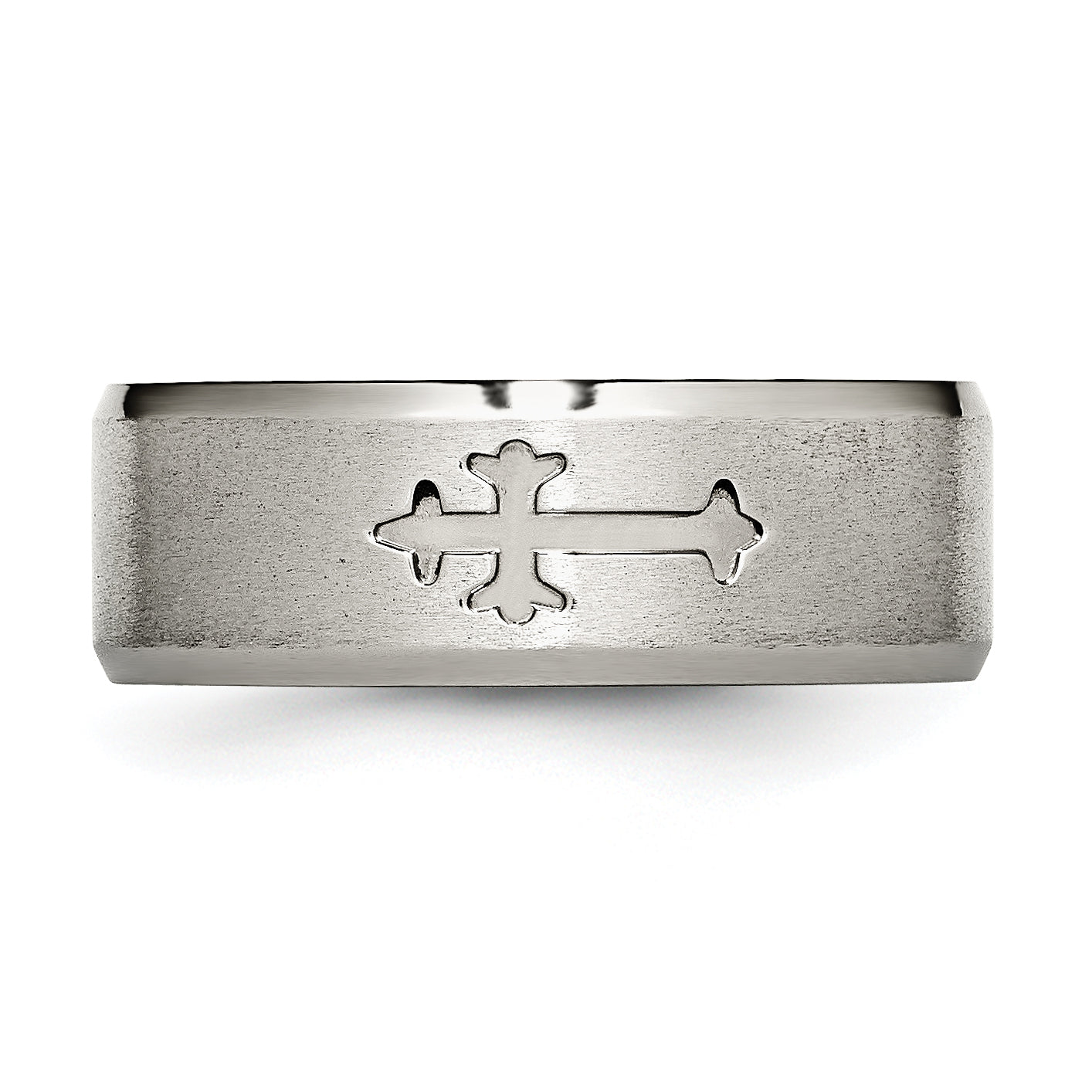 Titanium Brushed Center Cross Design 8mm Beveled Edge Band