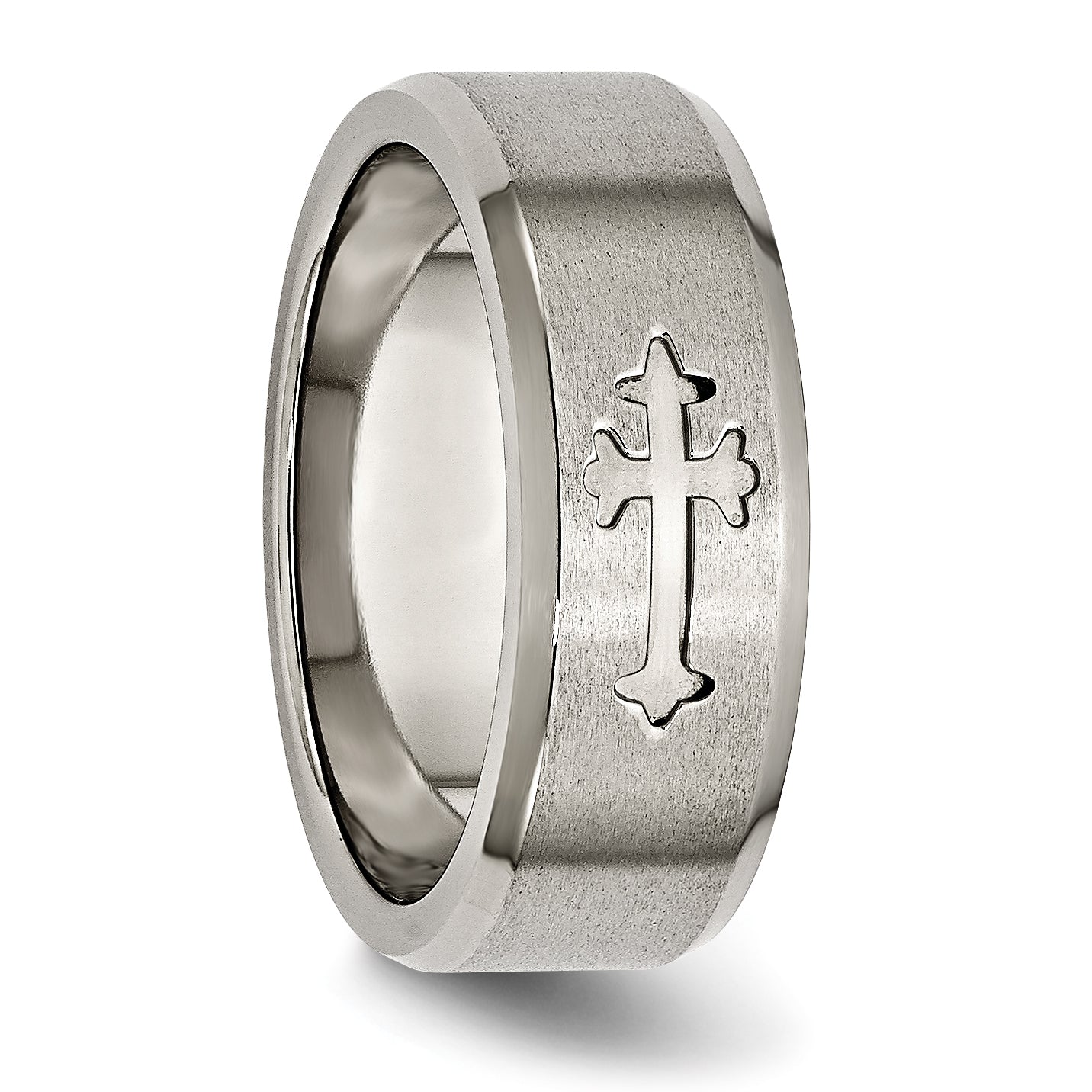 Titanium Brushed Center Cross Design 8mm Beveled Edge Band