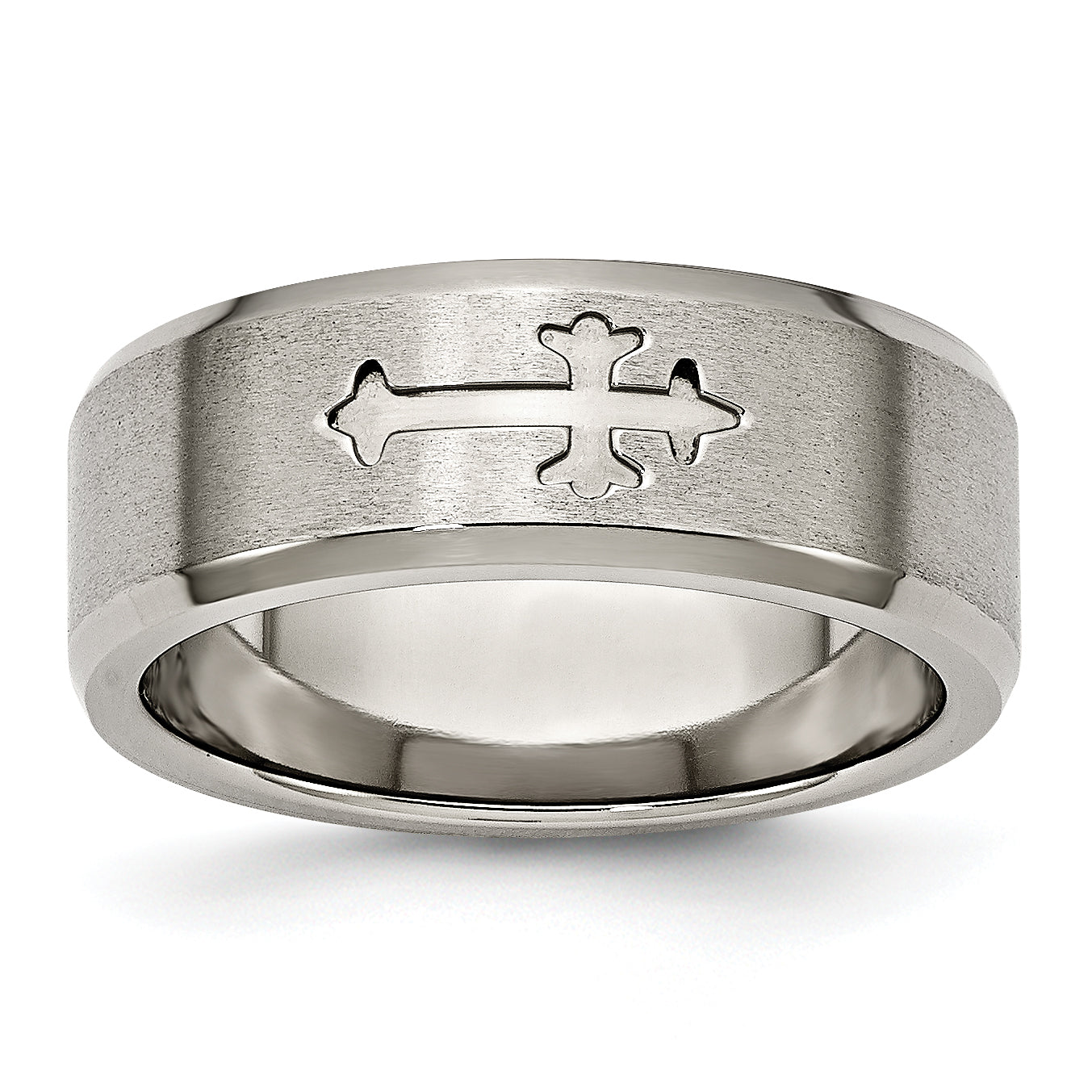 Titanium Brushed Center Cross Design 8mm Beveled Edge Band