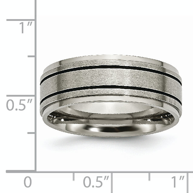 Titanium Satin Unisex Wedding Band with Black Enamel & Engravable Edge