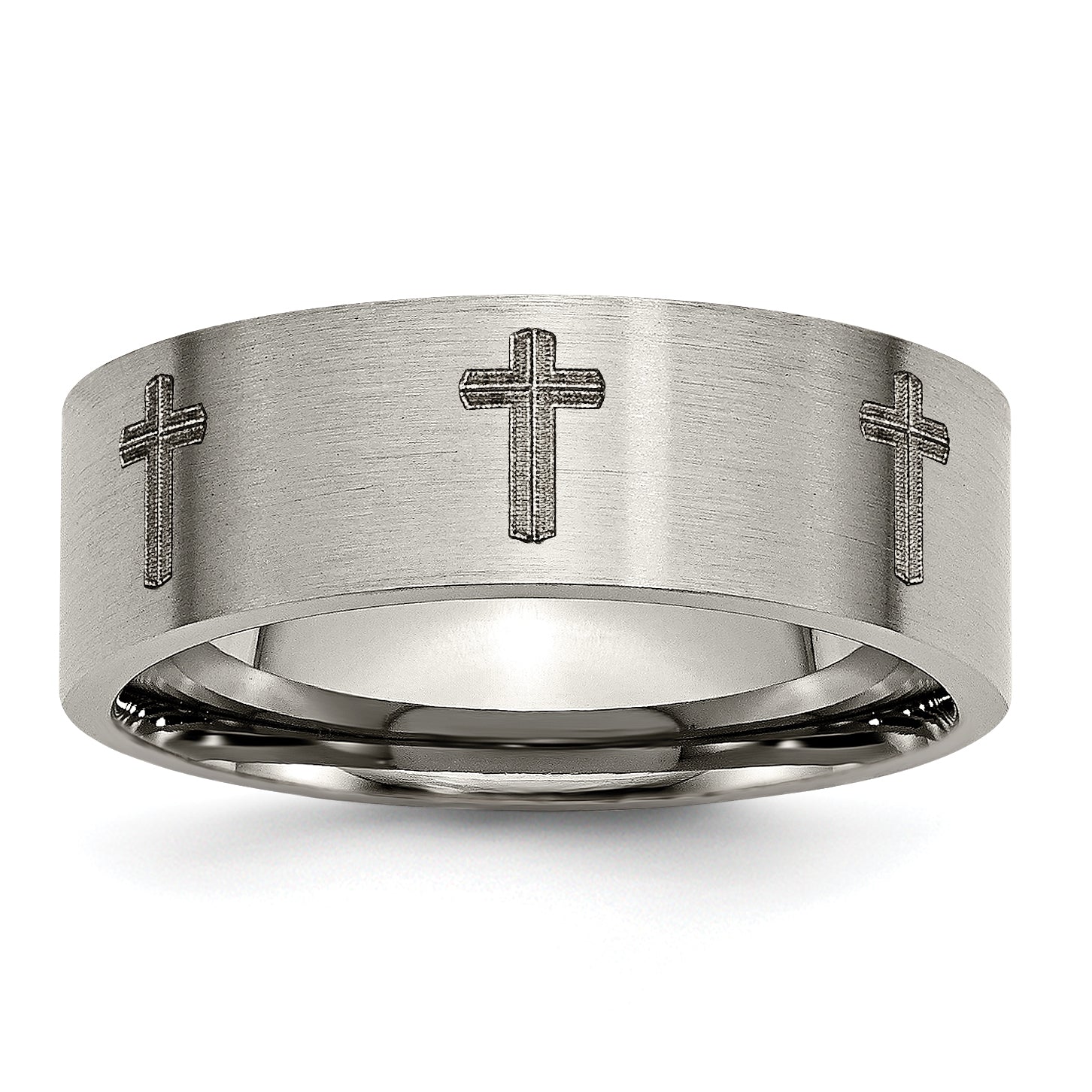 Titanium Brushed Cross Laser Design 8mm Flat Band