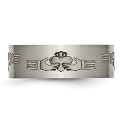 Titanium Brushed Claddagh Laser Design 8mm Flat Band