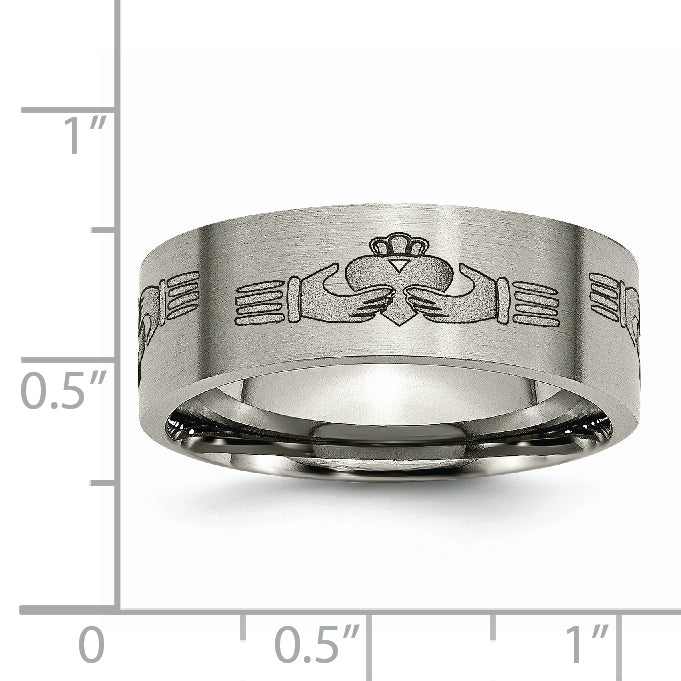 Titanium Brushed Claddagh Laser Design 8mm Flat Band