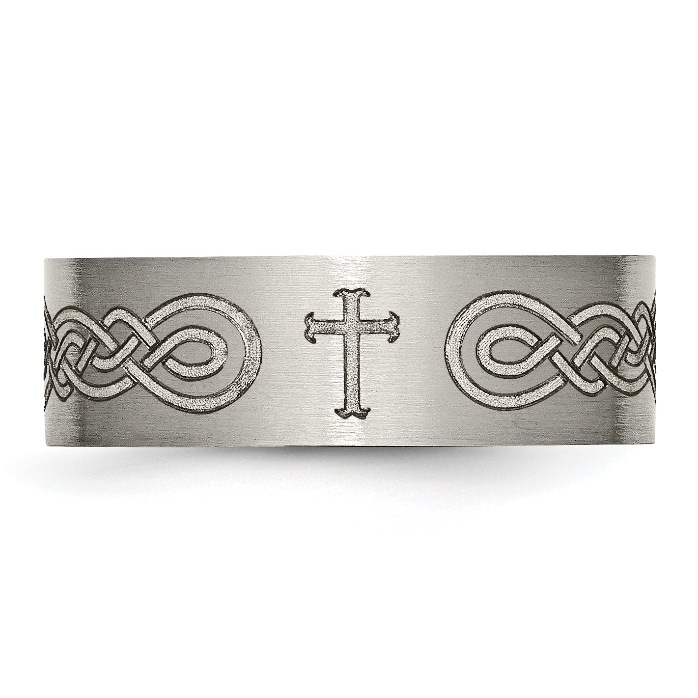 Titanium Brushed Cross Laser Design 8mm Flat Band