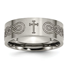 Titanium Brushed Cross Laser Design 8mm Flat Band