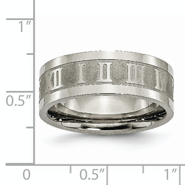 Titanium Satin Center 8mm Roman Numerals Flat Band