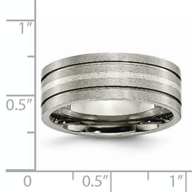 Titanium Brushed WithSterling Silver Inlay 8mm Grooved Band