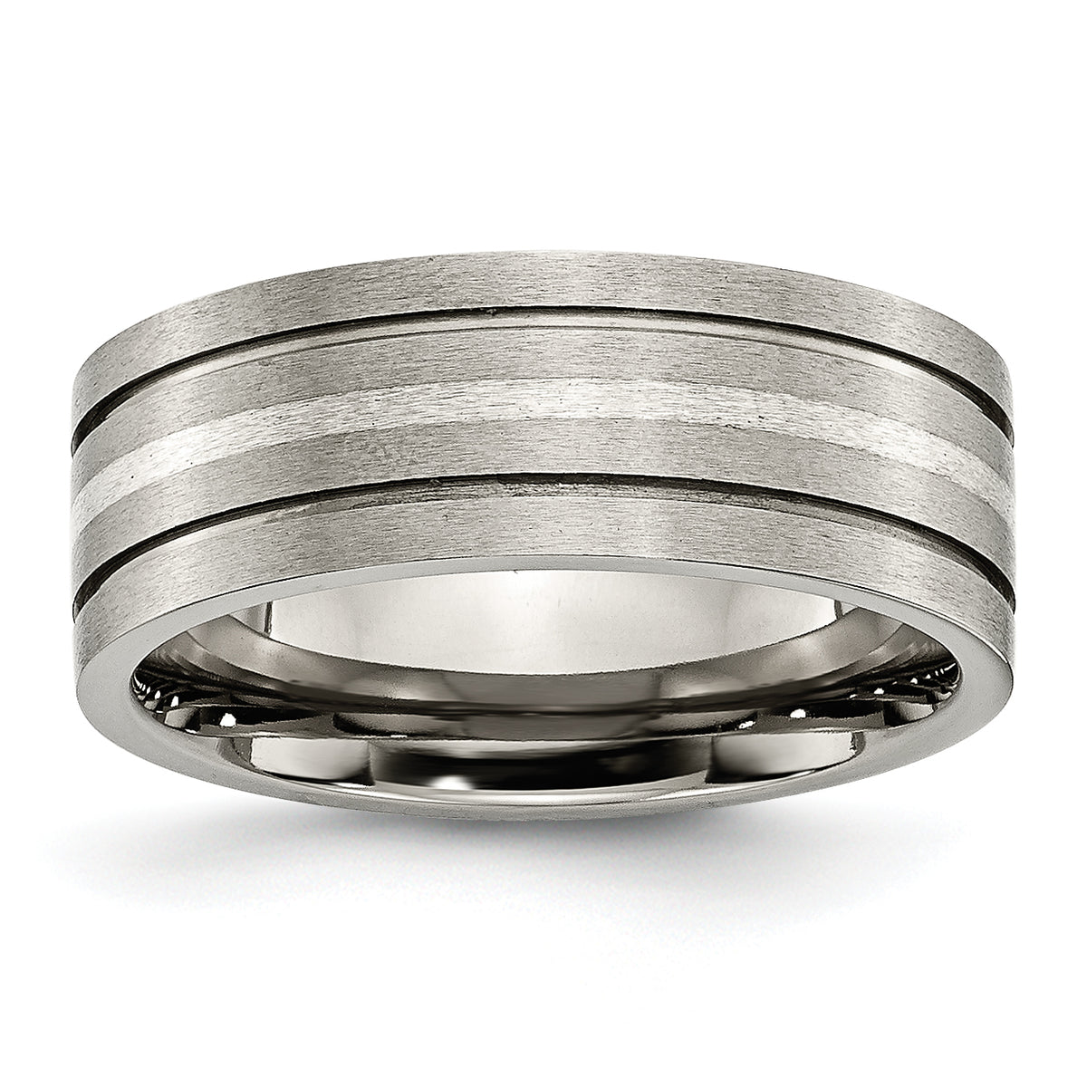 Titanium Brushed WithSterling Silver Inlay 8mm Grooved Band