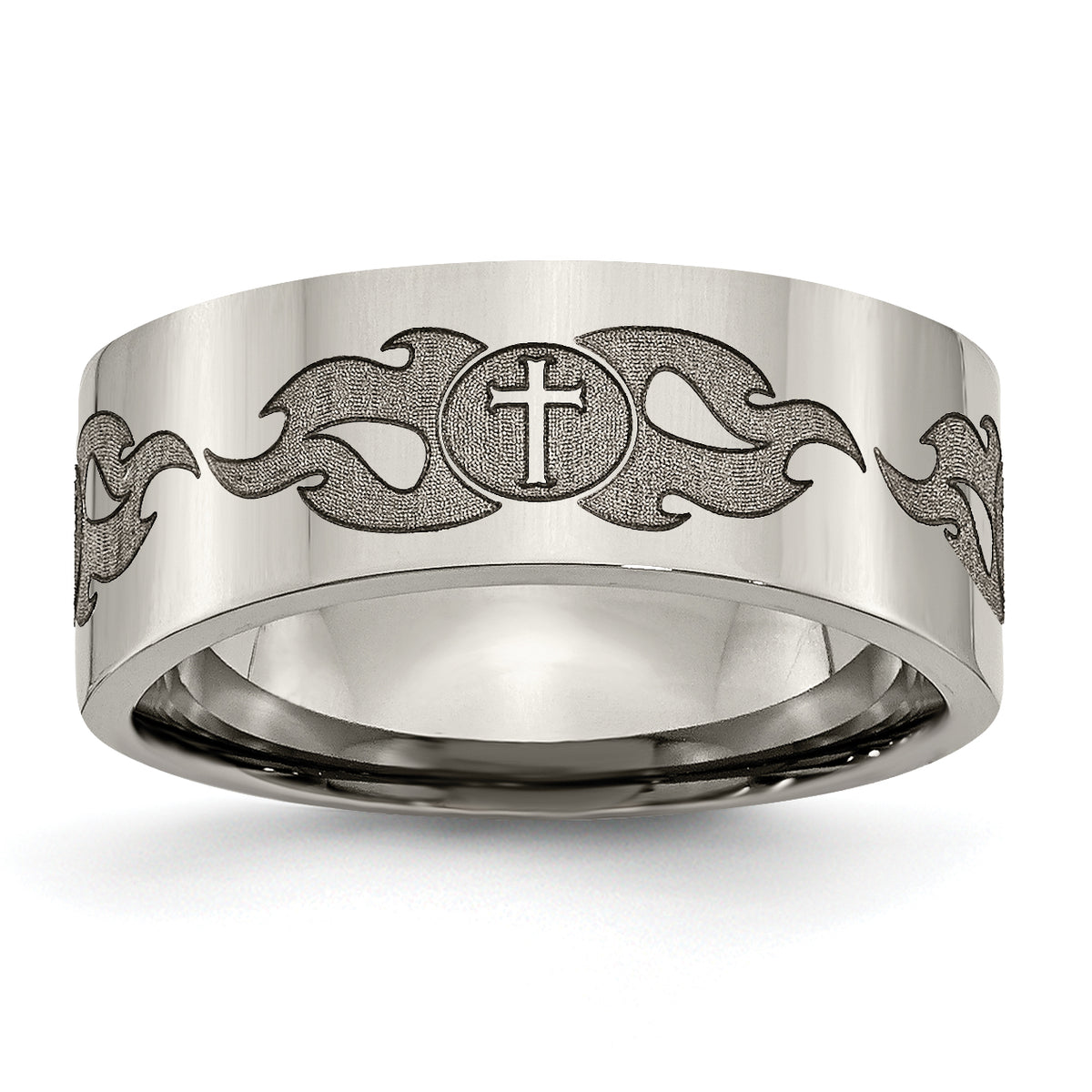 Titanium Polished Cross with Flames Laser Design 8mm Flat Band