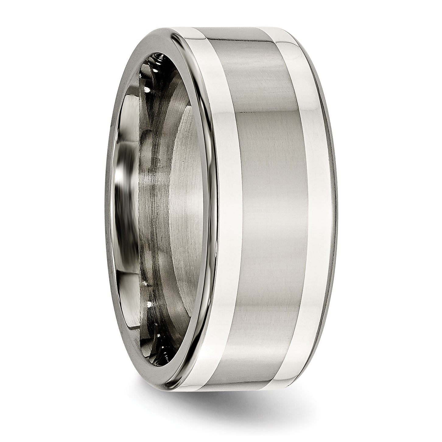 Titanium Silver Inlay Unisex Wedding Band with Polished Finish