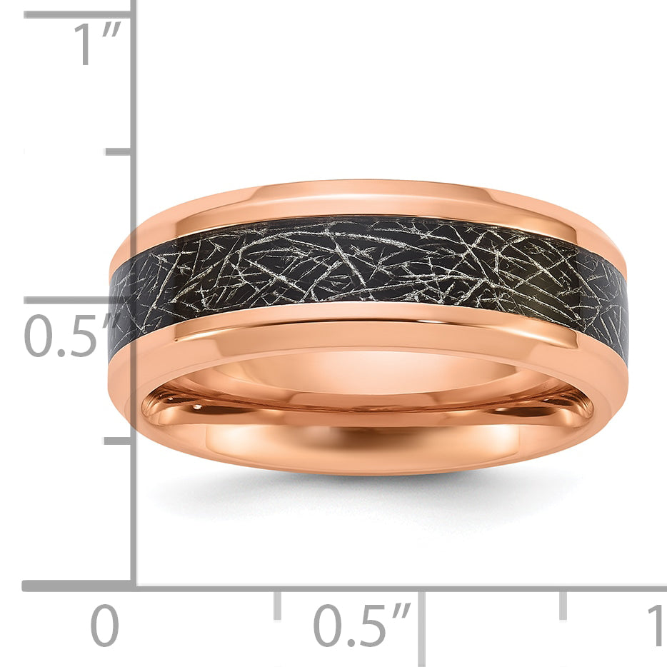 Titanium Polished Rose IP-plated Synthetic Leather Inlay in Clear Epoxy 8mm Band