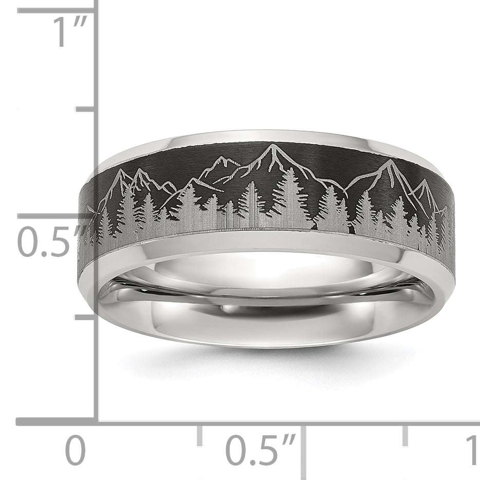 Titanium with Brushed Center Laser Design Mountains 8mm Band